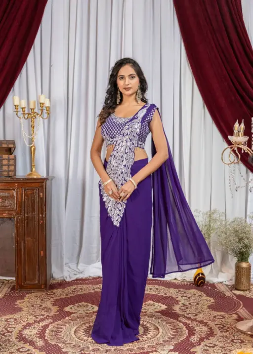 Peacock Pallu Readymade Saree Violet Color
