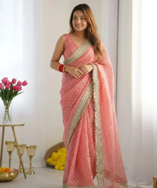 Pink Color Heavy Wedding Wear Saree