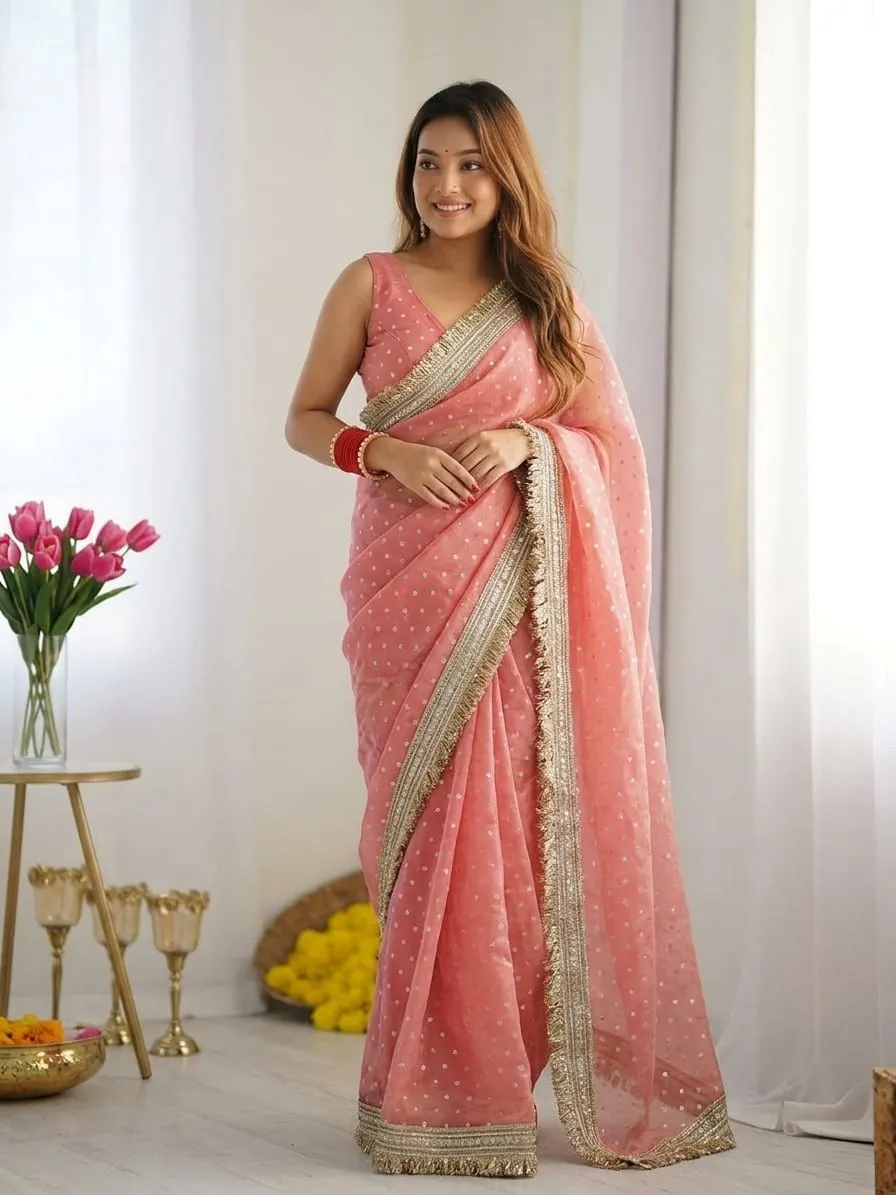 Pink Color Heavy Wedding Wear Saree - Image 3