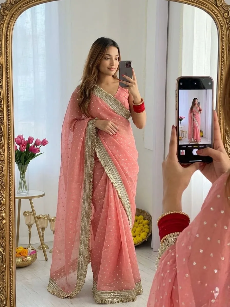 Pink Color Heavy Wedding Wear Saree - Image 4