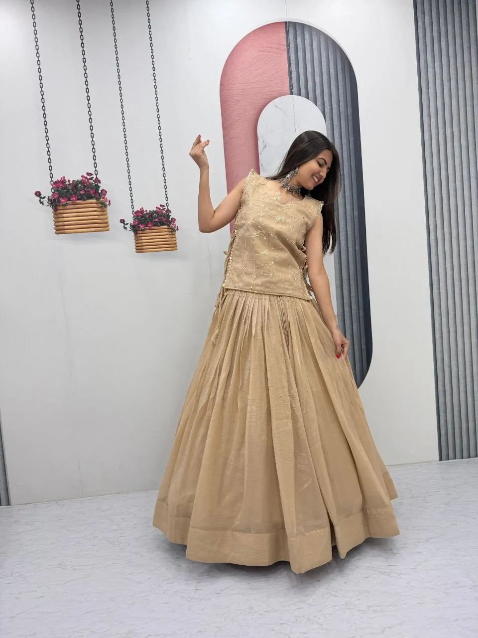 Pink Designer Long Blouse with Lehenga Under 2000