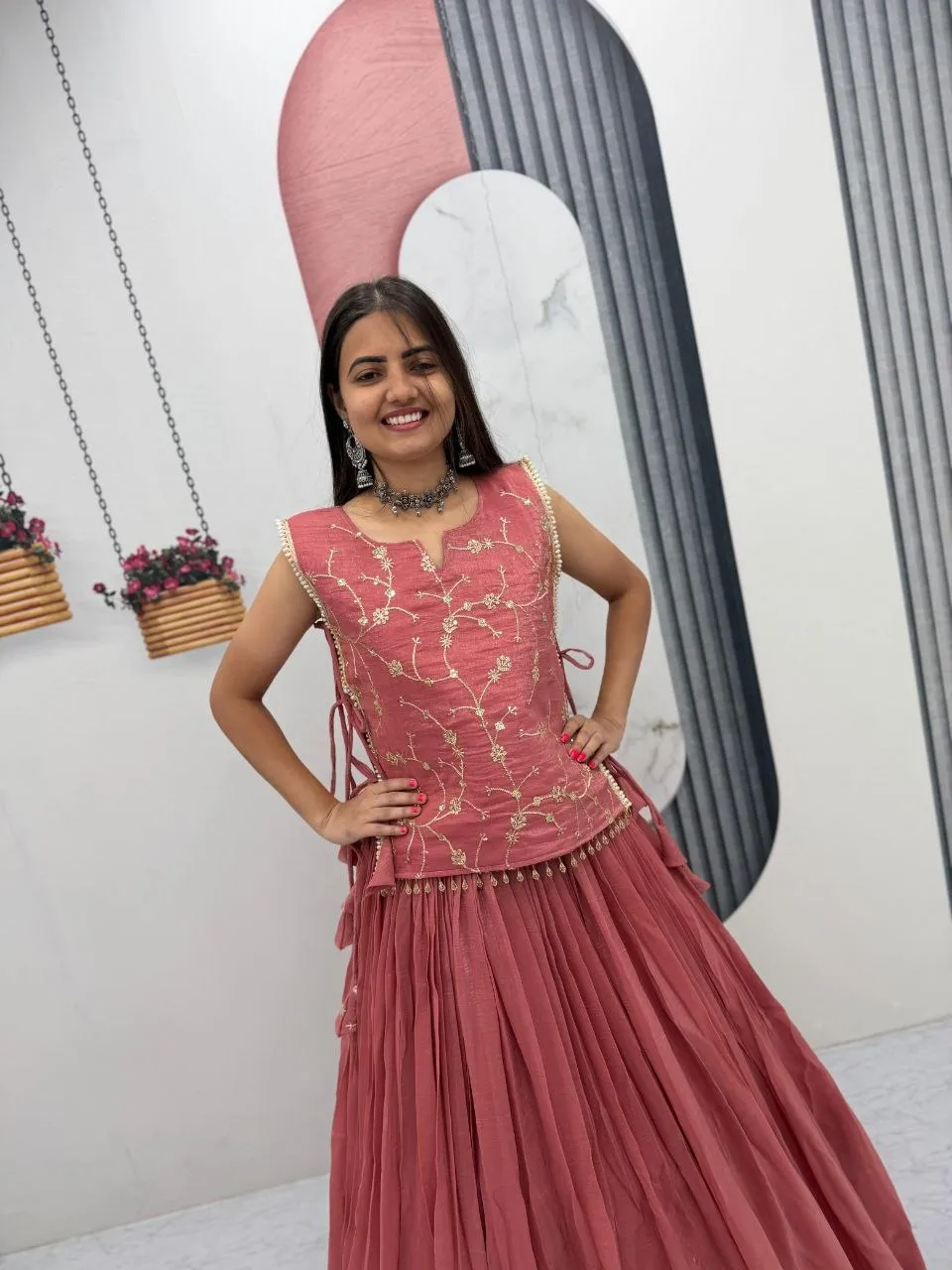 Pink Designer Long Blouse with Lehenga Under 2000 - Image 2
