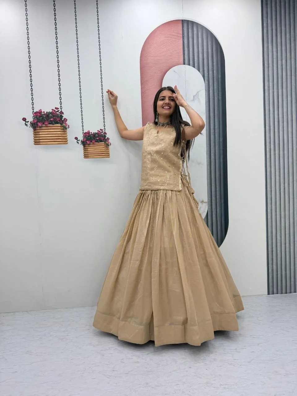 Pink Designer Long Blouse with Lehenga Under 2000 - Image 3