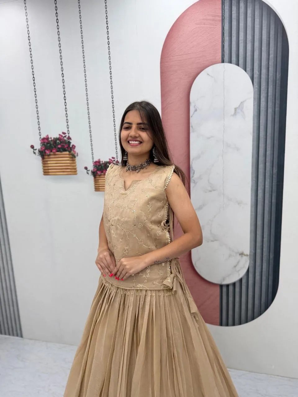 Pink Designer Long Blouse with Lehenga Under 2000 - Image 4