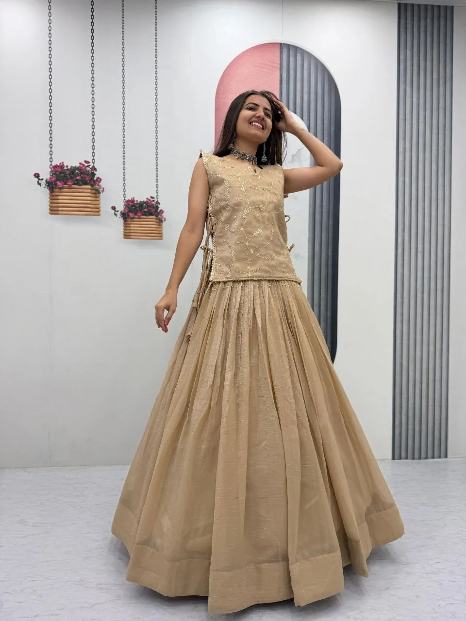 Pink Designer Long Blouse with Lehenga Under 2000 - Image 6