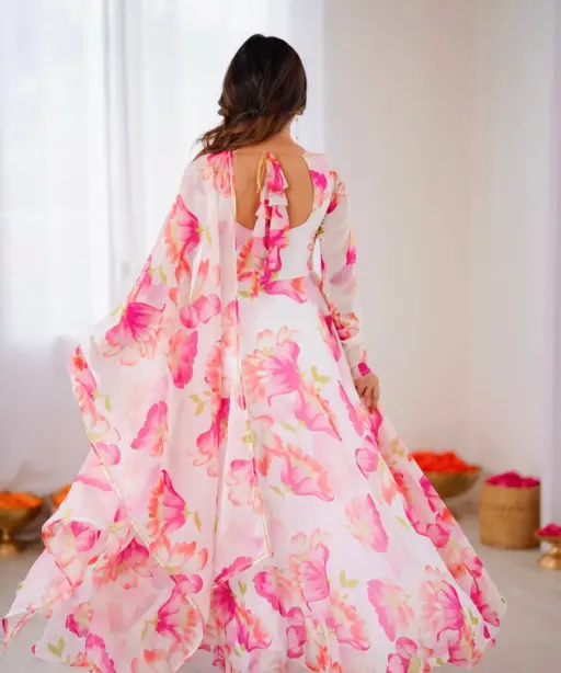 Pink Floral Printed Big Flair Gown