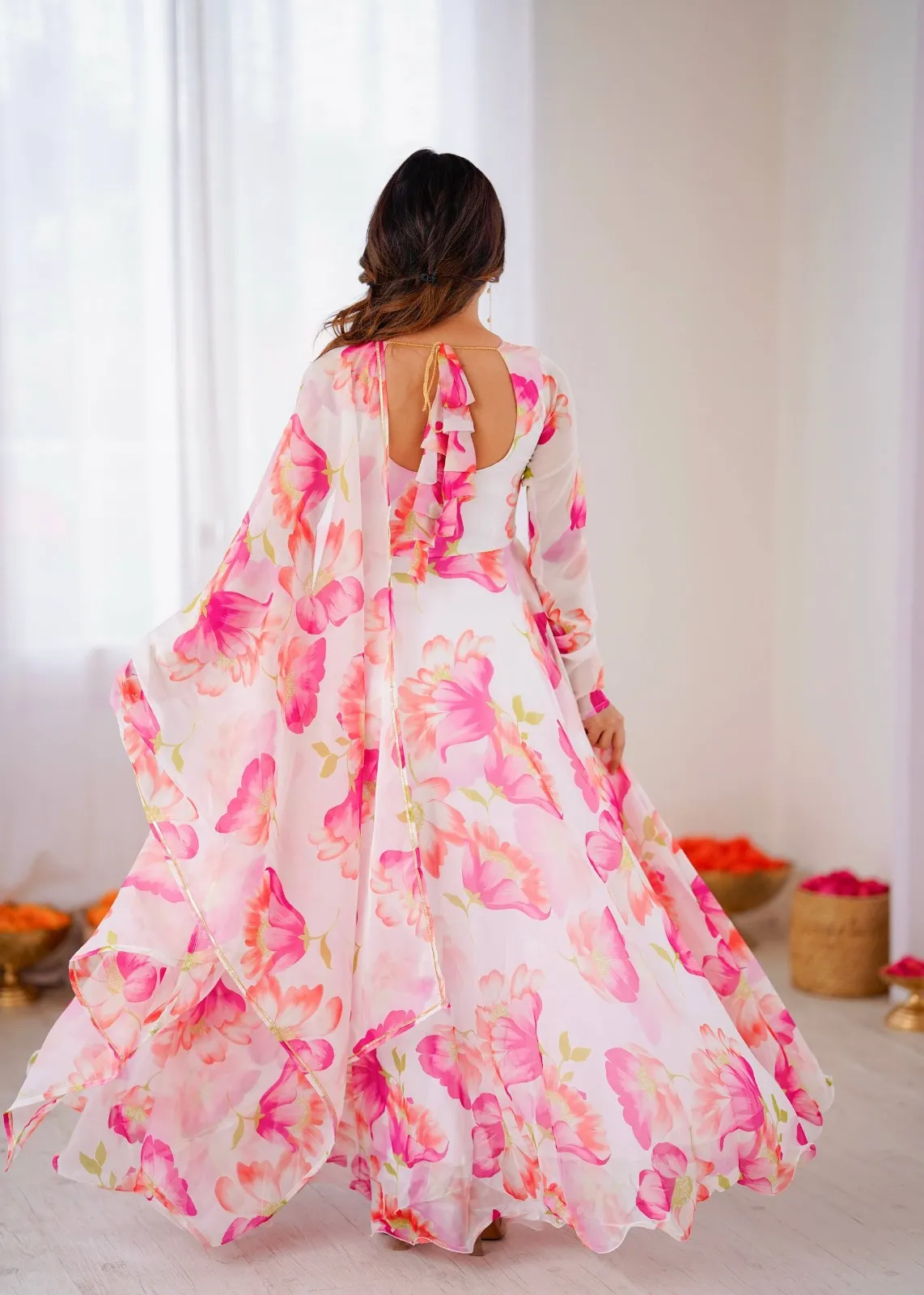 Pink Floral Printed Big Flair Gown