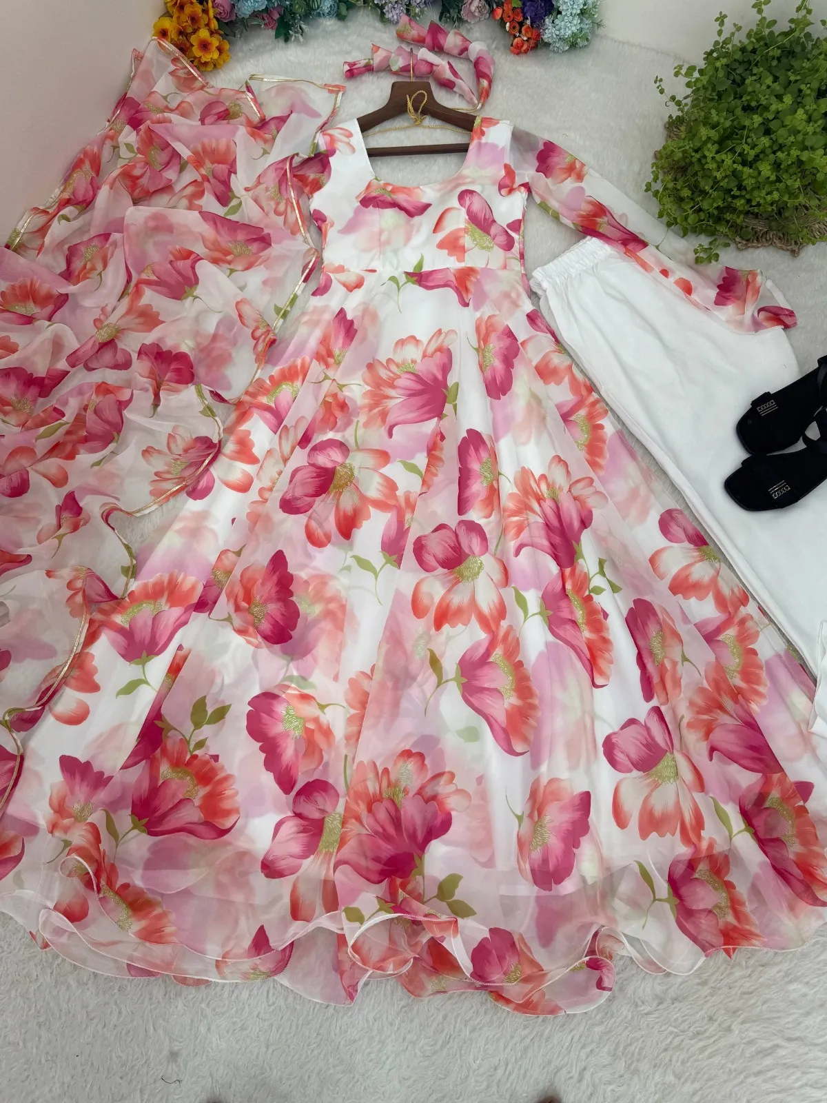 Pink Floral Printed Big Flair Gown - Image 2