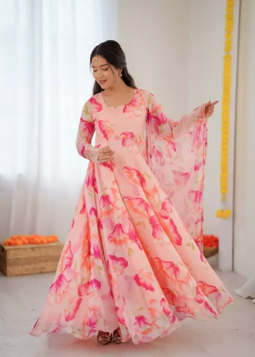 Pink Floral Printed Big Flair Gown