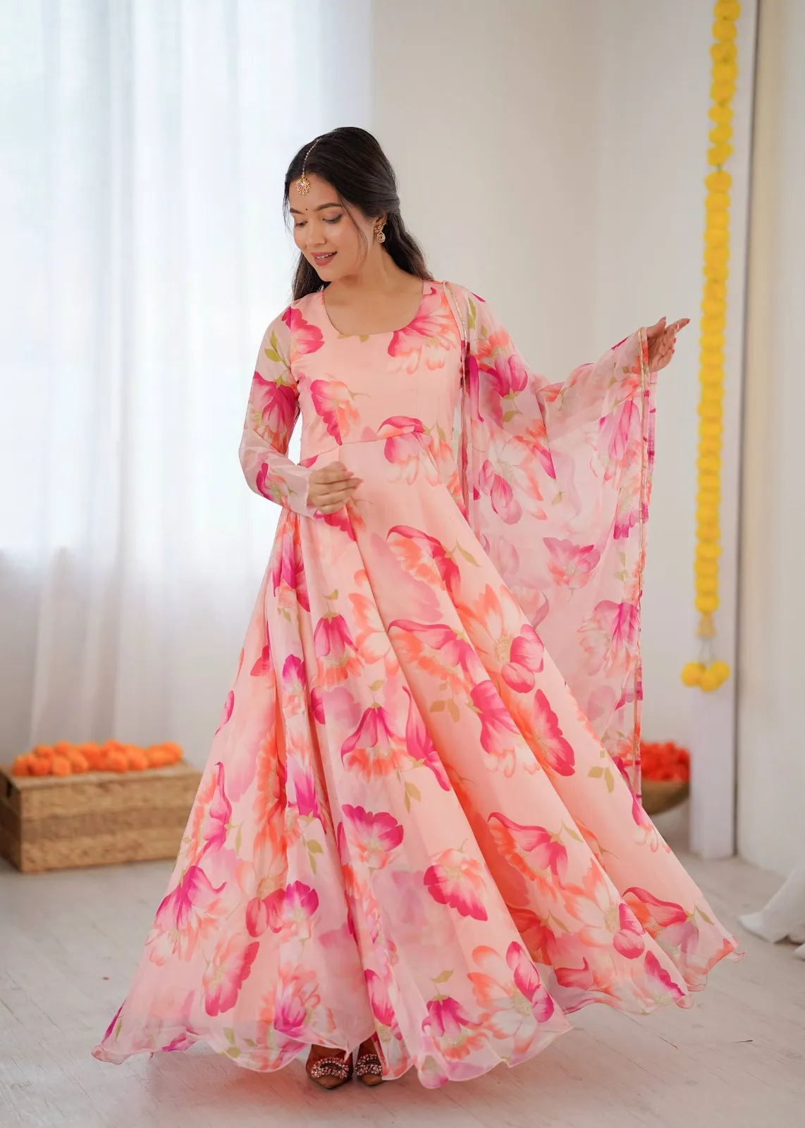 Pink Floral Printed Big Flair Gown - Image 3