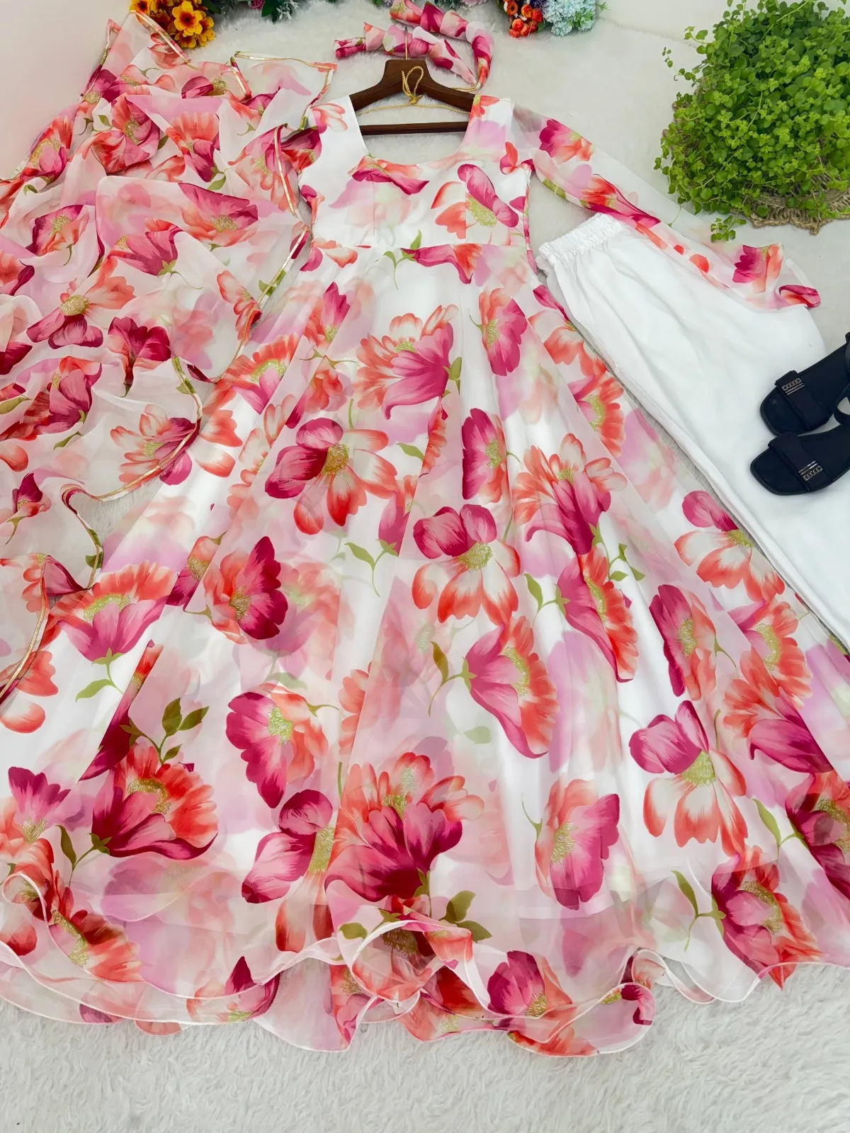 Pink Floral Printed Big Flair Gown - Image 4