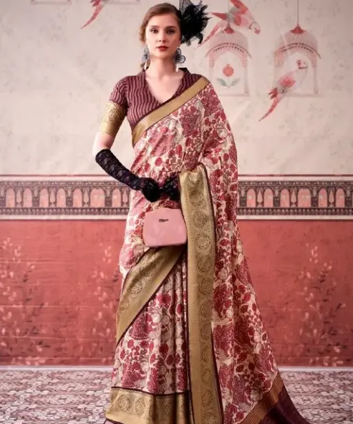 Pink Tasar Silk Floral Printed Saree