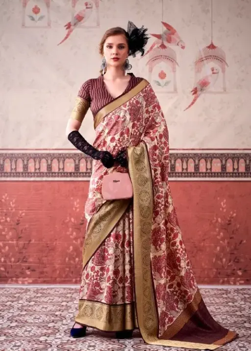 Pink Tasar Silk Floral Printed Saree
