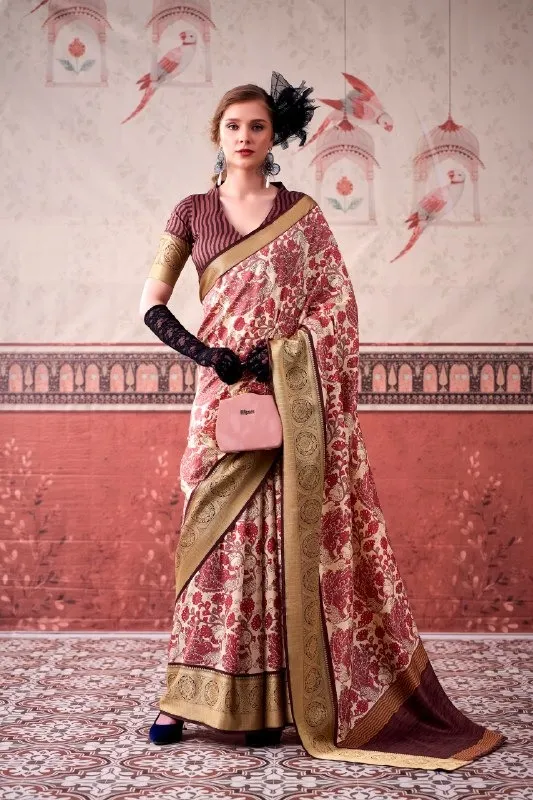 Pink Tasar Silk Floral Printed Saree