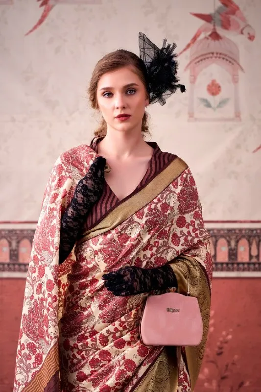Pink Tasar Silk Floral Printed Saree - Image 2