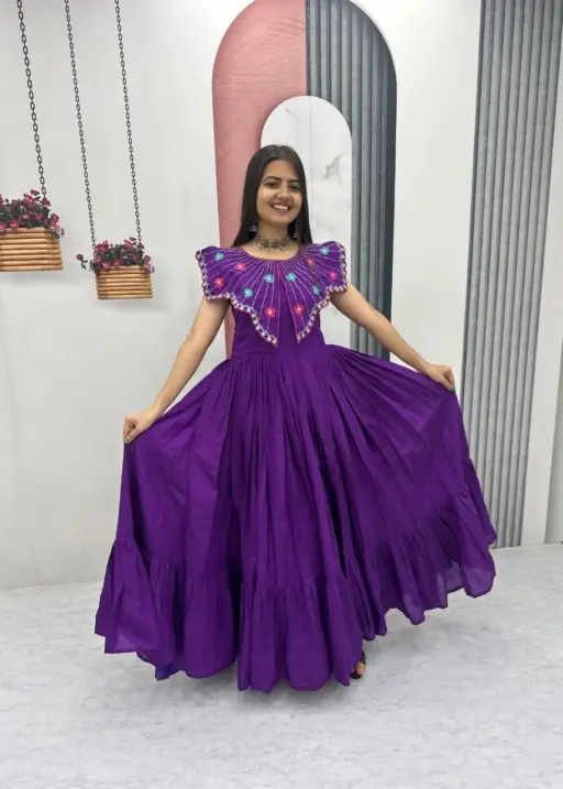Purple Handwork work Butterfly Neck Gown