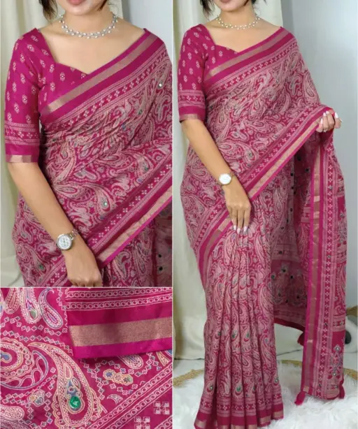 Rani Color Ajrakh Printed Cotton Saree
