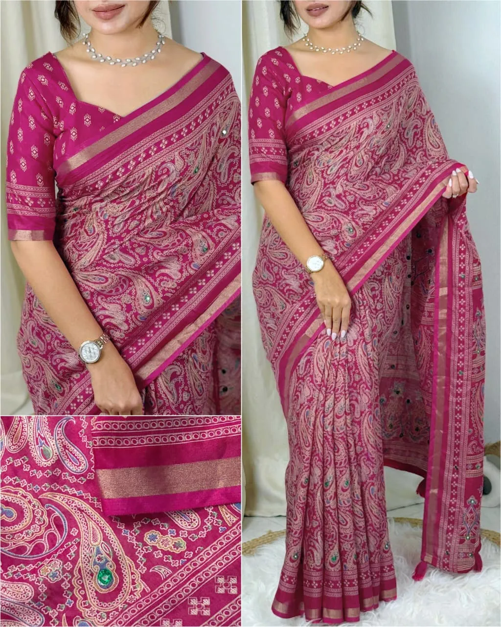 Rani Color Ajrakh Printed Cotton Saree