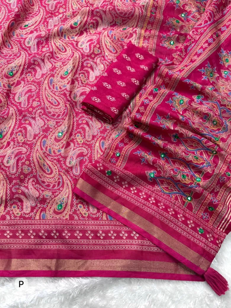 Rani Color Ajrakh Printed Cotton Saree - Image 2