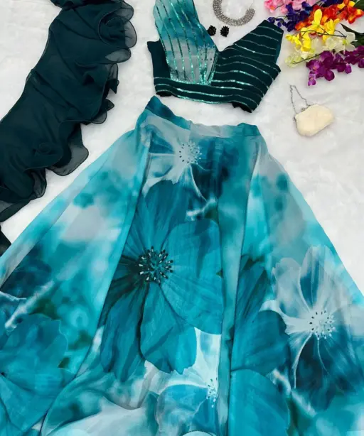 Readymade Fancy Blouse with Blue Floral Lehenga