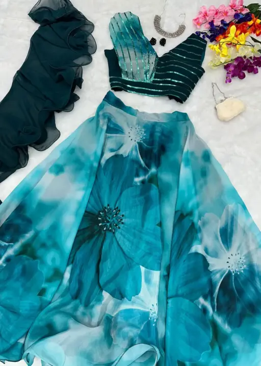 Readymade Fancy Blouse with Blue Floral Lehenga