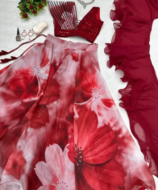 Readymade Fancy Blouse with Floral Lehenga Cherry