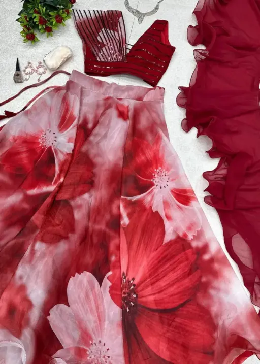 Readymade Fancy Blouse with Floral Lehenga Cherry