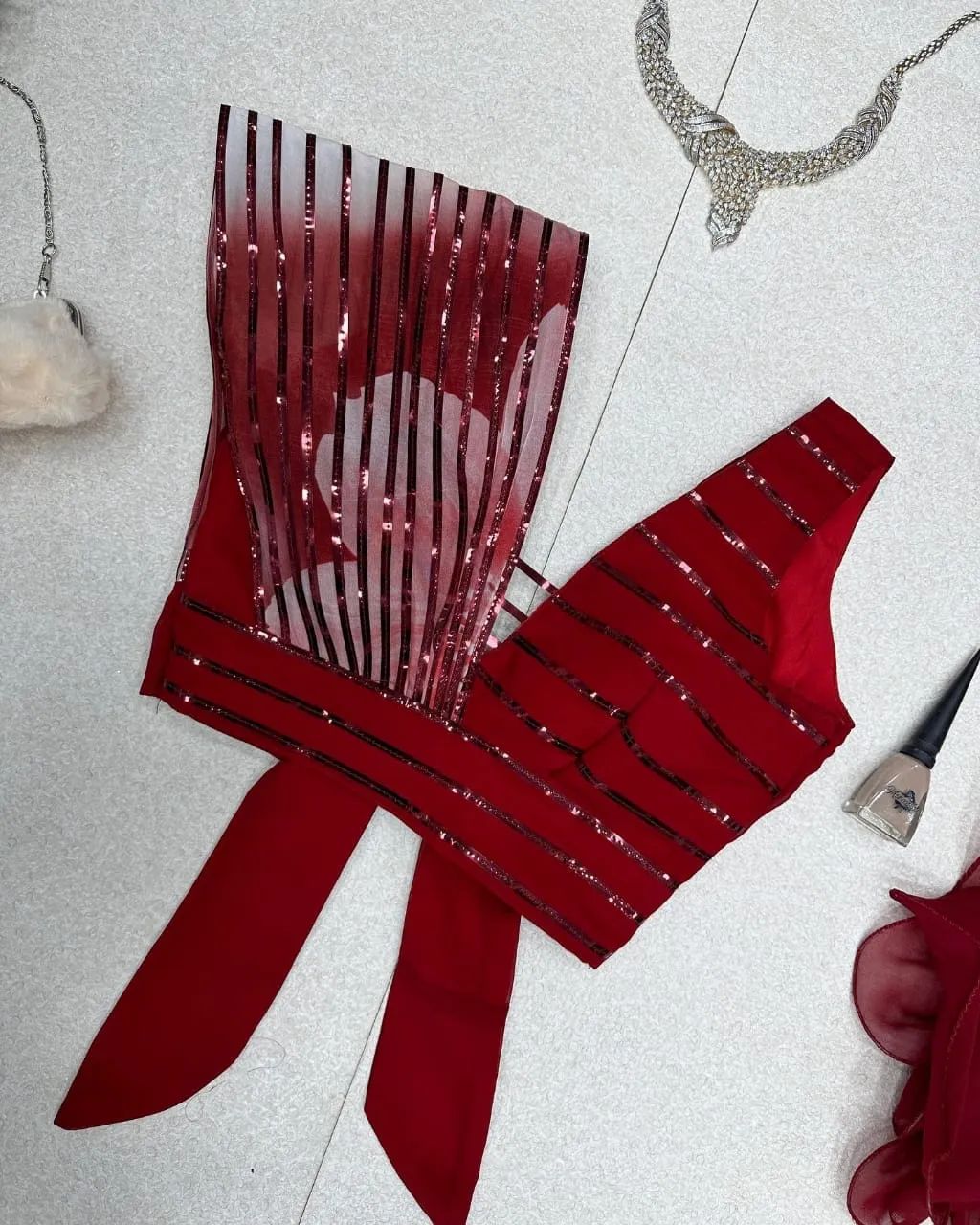 Readymade Fancy Blouse with Floral Lehenga Cherry - Image 3