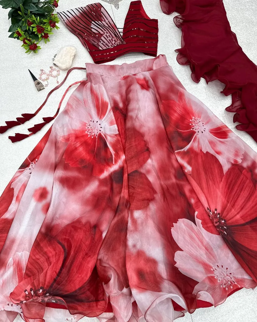Readymade Fancy Blouse with Floral Lehenga Cherry - Image 4