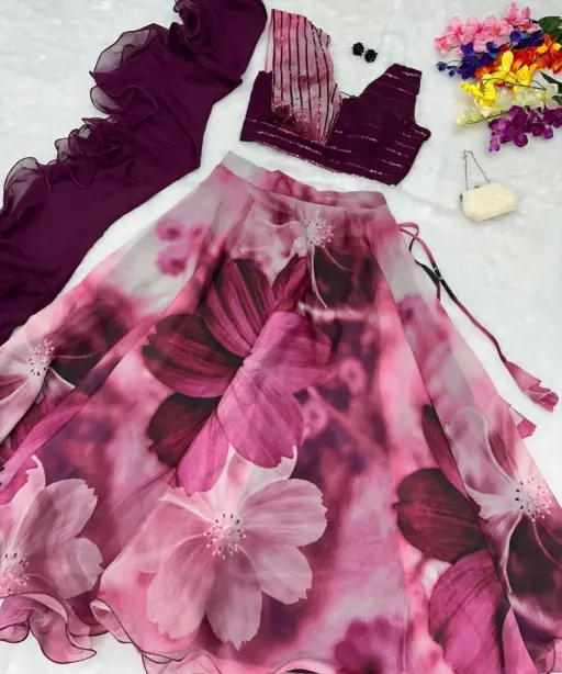 Readymade Fancy Blouse with Purple Floral Lehenga