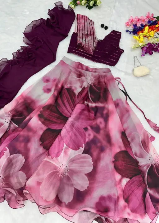 Readymade Fancy Blouse with Purple Floral Lehenga