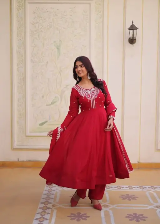 Red Anarkali Suit with Embroidery