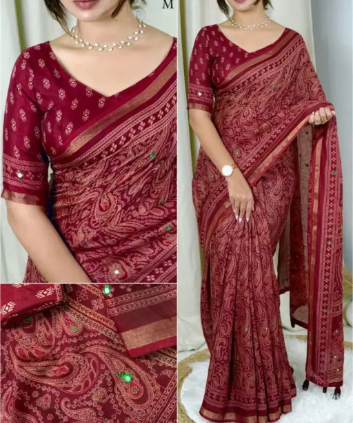 Red Color Ajrakh Printed Saree
