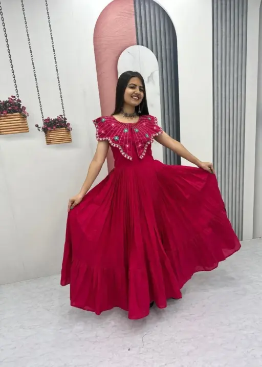 Red Handwork work Designer Gown