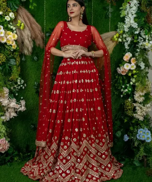 Red Sequins Embroidered Lehenga with Designer Blouse