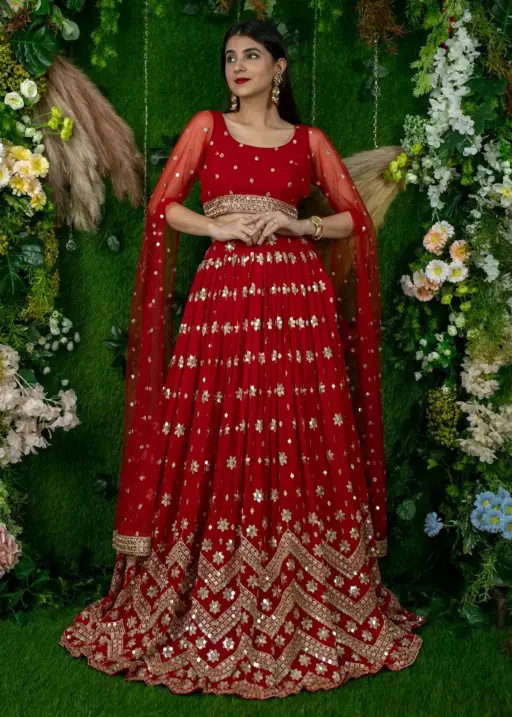 Red Sequins Embroidered Lehenga with Designer Blouse