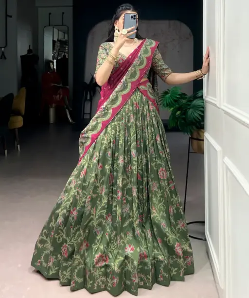 Silk Printed Lehenga Choli Green Color