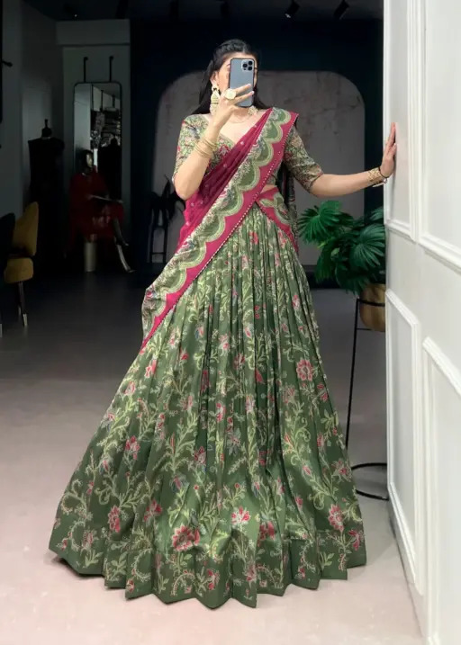 Silk Printed Lehenga Choli Green Color