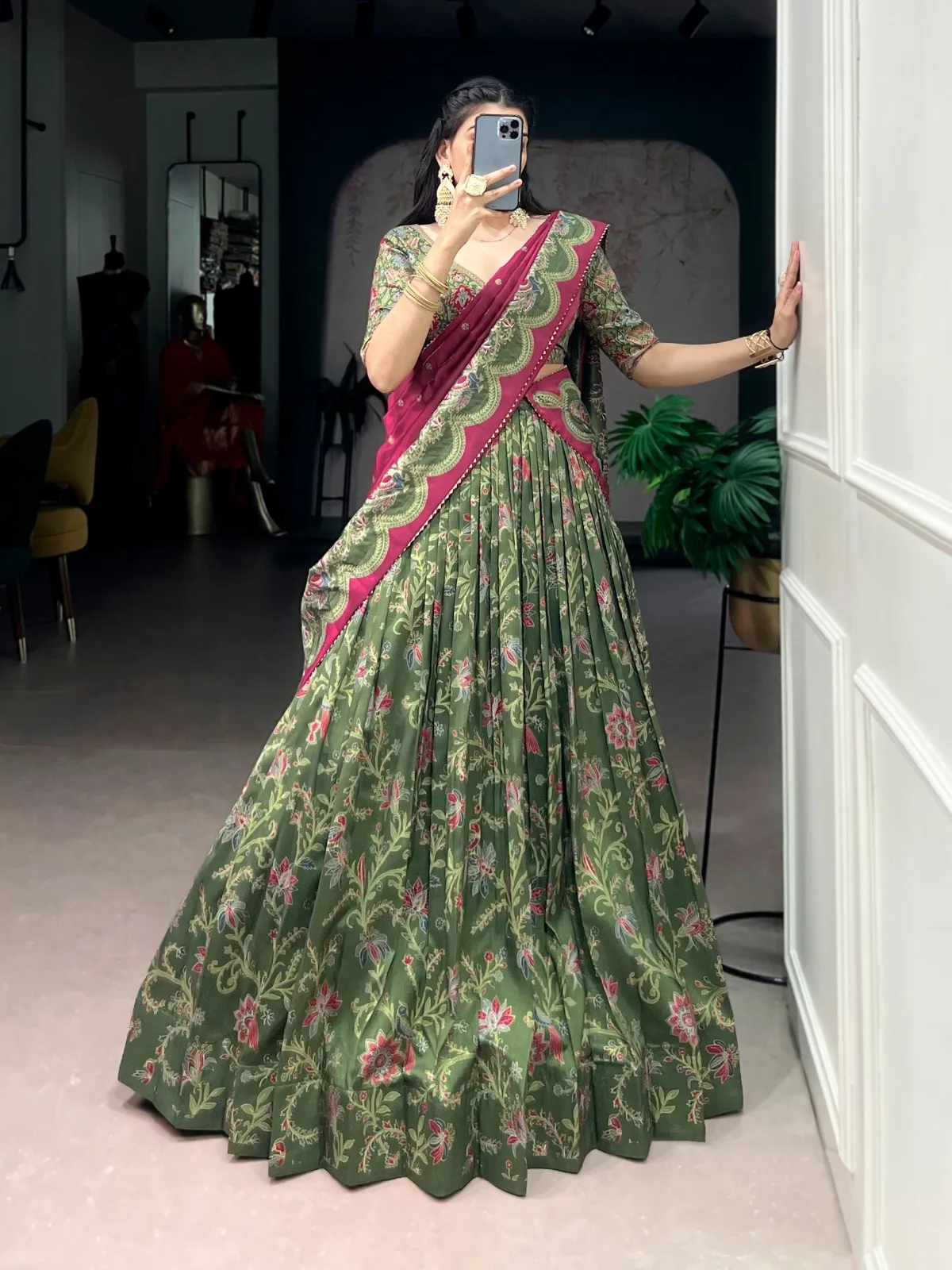 Silk Printed Lehenga Choli Green Color