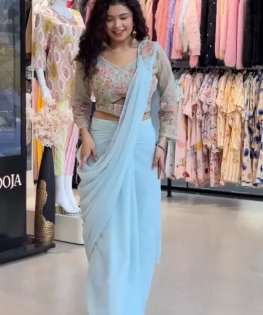 Sky Blue Readymade Saree with Embroidery Blouse and Belt