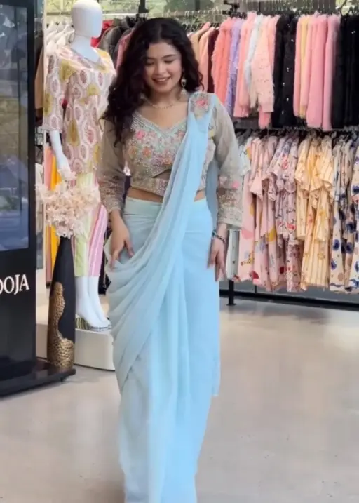 Sky Blue Readymade Saree with Embroidery Blouse and Belt