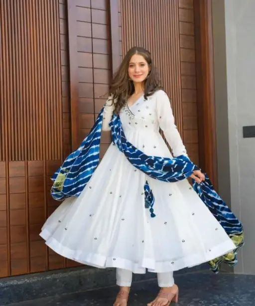 White Anarkali Suit with Blue Embroidery 3 Piece
