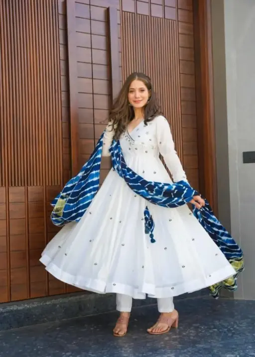 White Anarkali Suit with Blue Embroidery 3 Piece