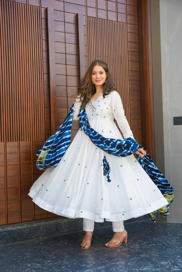 White Anarkali Suit with Blue Embroidery 3 Piece