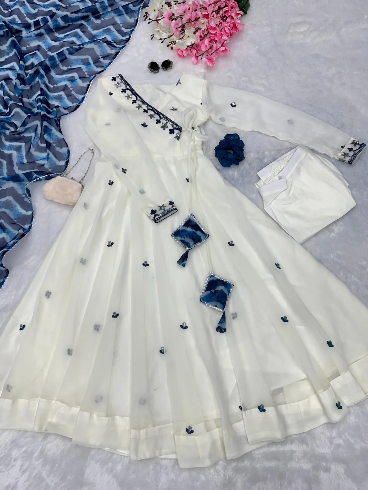 White Anarkali Suit with Blue Embroidery 3 Piece - Image 2