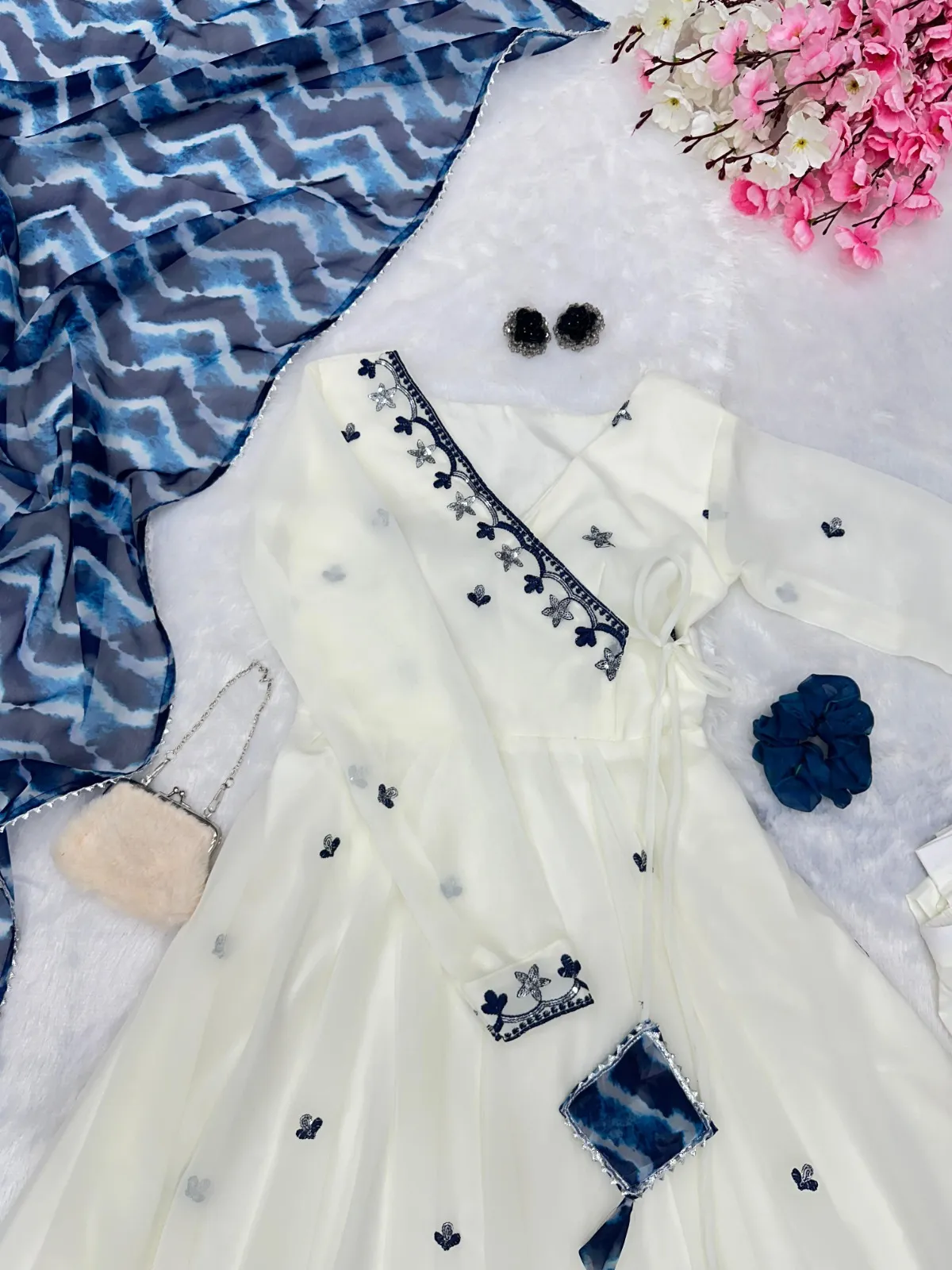 White Anarkali Suit with Blue Embroidery 3 Piece - Image 3