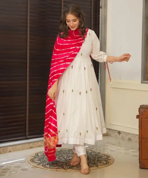 White Anarkali Suit with Red Butta and Big Flair