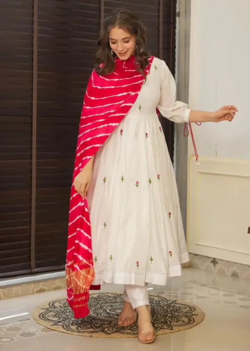 White Anarkali Suit with Red Butta and Big Flair