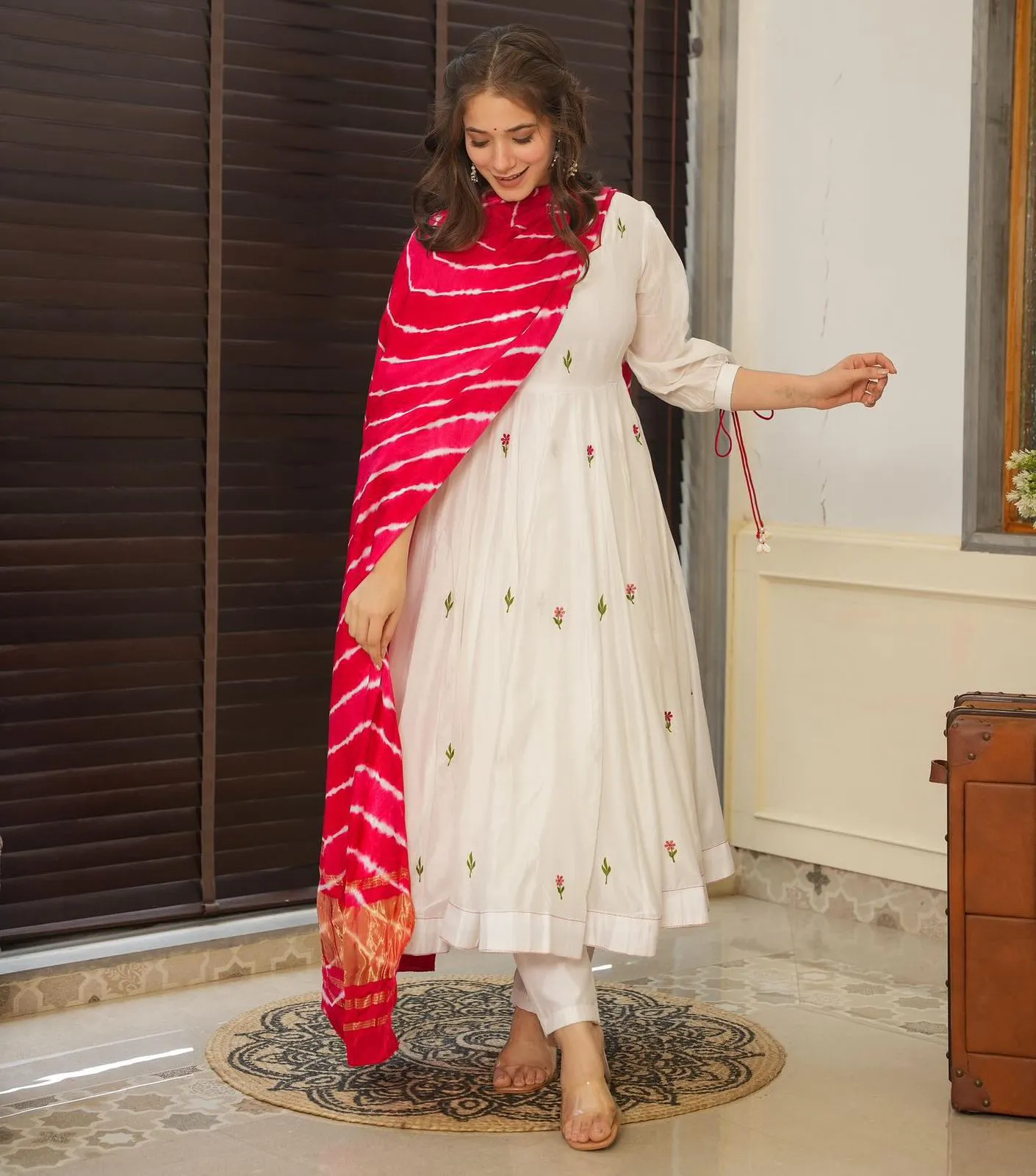 White Anarkali Suit with Red Butta and Big Flair