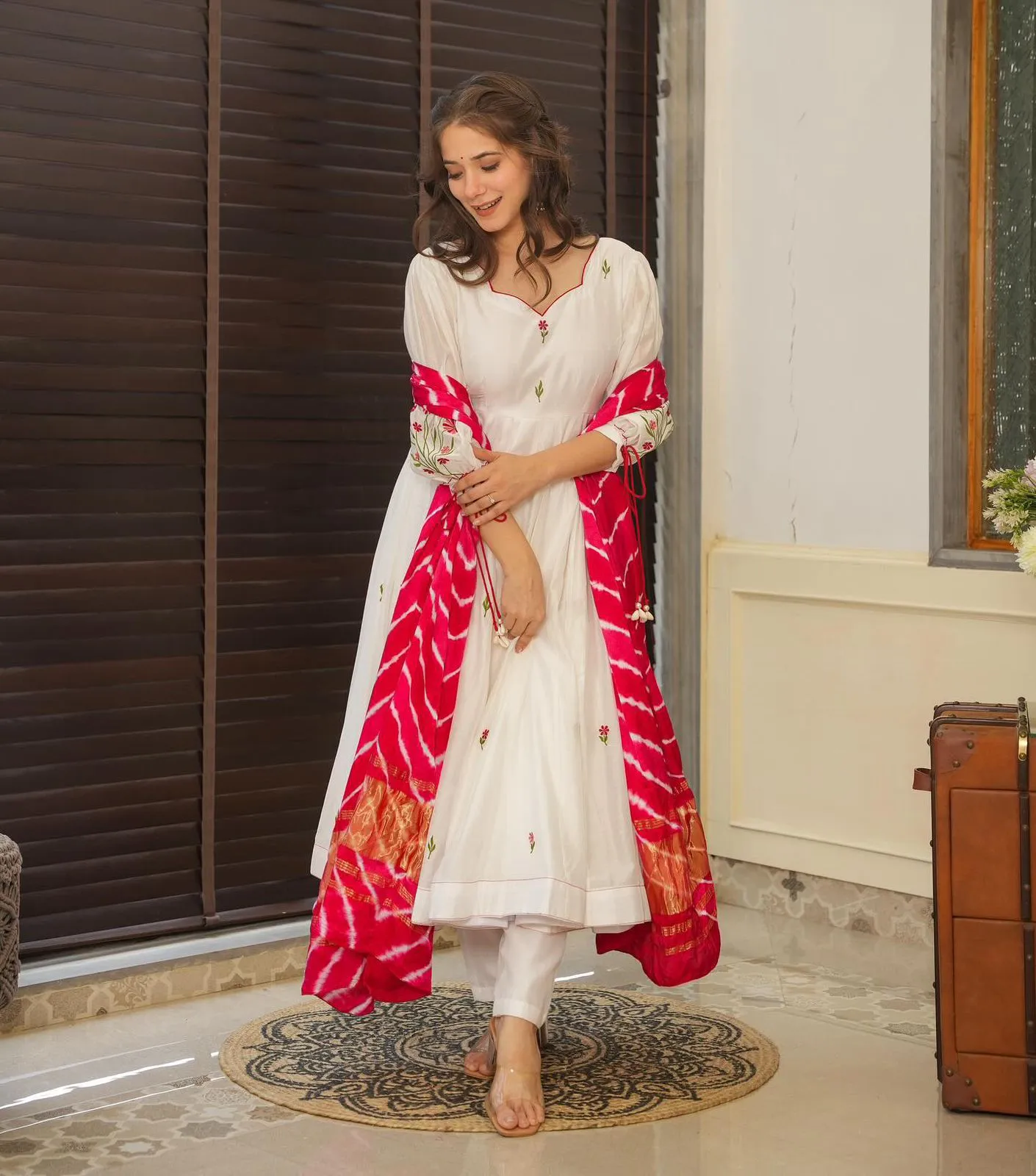 White Anarkali Suit with Red Butta and Big Flair - Image 2